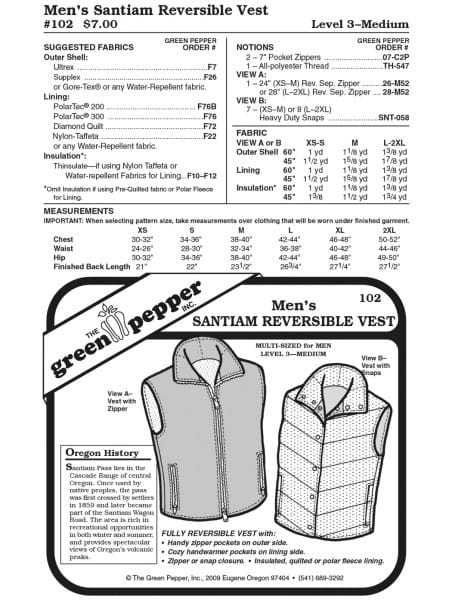 Santiam reversible vest pattern for men, GP102